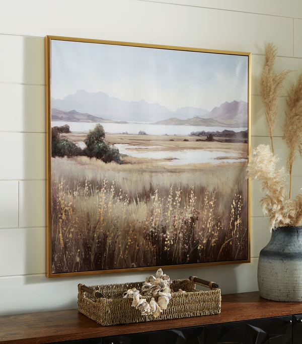  with rolling mountains in the background that bring depth to the design. Hand-painted and gold leaf embellishments make each piece unique.<br/><br/><