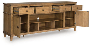  this TV stand brings easygoing elegance to the everyday. The light brown wood-tone finish seamlessly slips into your roomâ€™s aesthetic. Two spacious cabinets (each with an adjustable shelf)