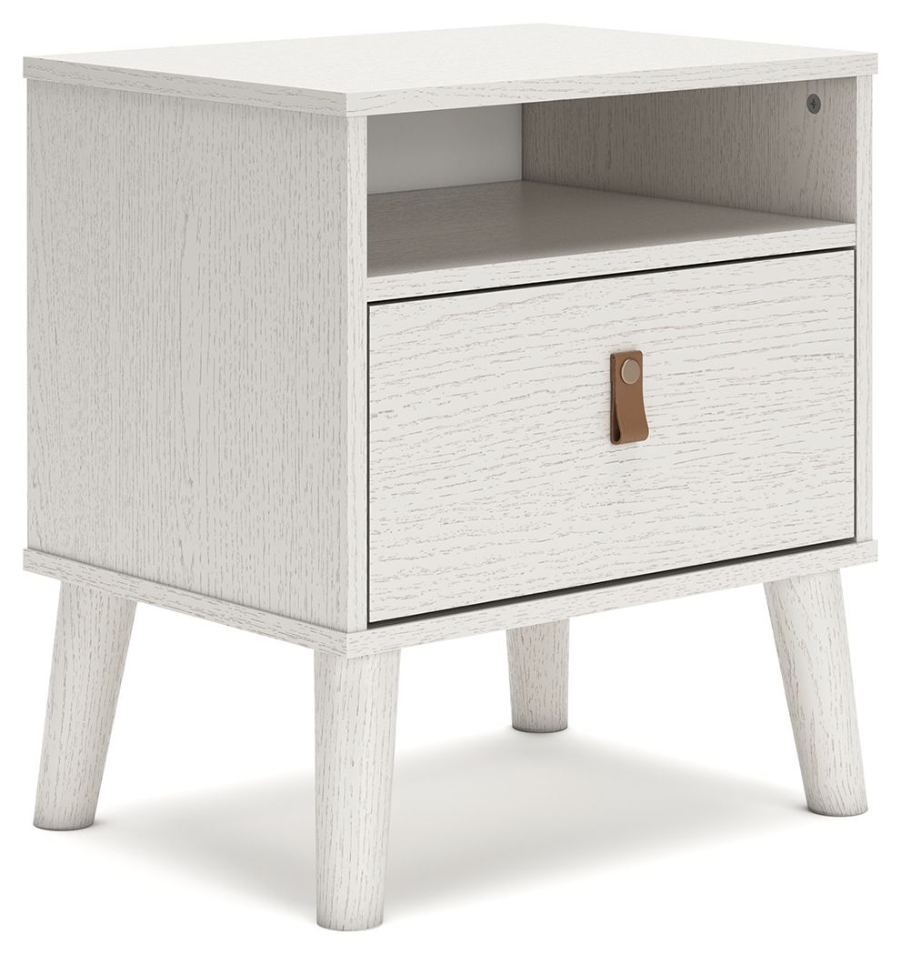 Dare to take minimalism to the max. This nightstand has an air of sleek simplicity thanks to its white painted finish with subtle replicated wood grain. Magnificently mod splay legs are a compelling complement to the streamlined design. And with two diffe