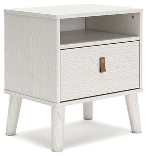 Dare to take minimalism to the max. This nightstand has an air of sleek simplicity thanks to its white painted finish with subtle replicated wood grain. Magnificently mod splay legs are a compelling complement to the streamlined design. And with two diffe