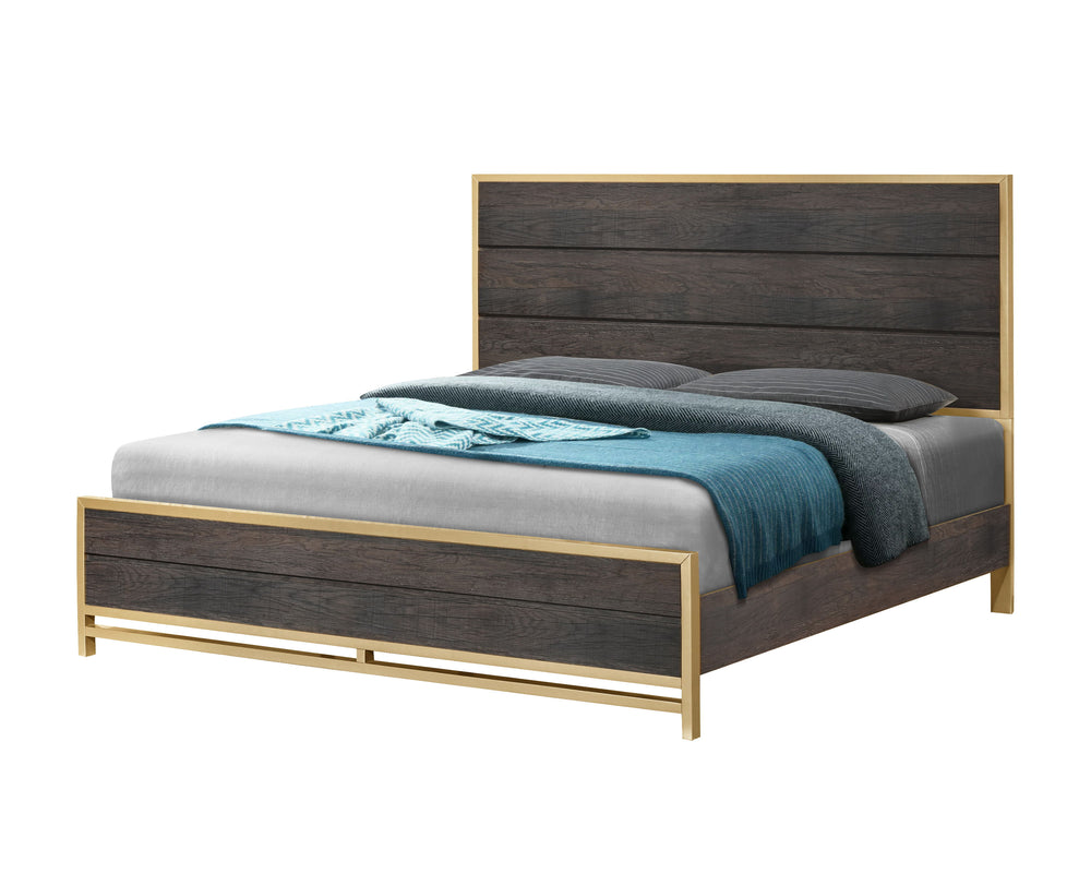 Step into a realm of contemporary sophistication with this bedroom collection. Flaunting a harmonious blend of rich, warm wood tones and bold, metallic accents, each piece exudes a luxe yet inviting appeal. The bed, with its sleek, linear design and strik