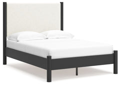 This full upholstered panel bed reflects your sophisticated approach to boho style. Crafted with both form and function in mind, its fresh white fabric beautifully contrasts the matte black finish. The versatile design suits all-neutral spaces or blends w