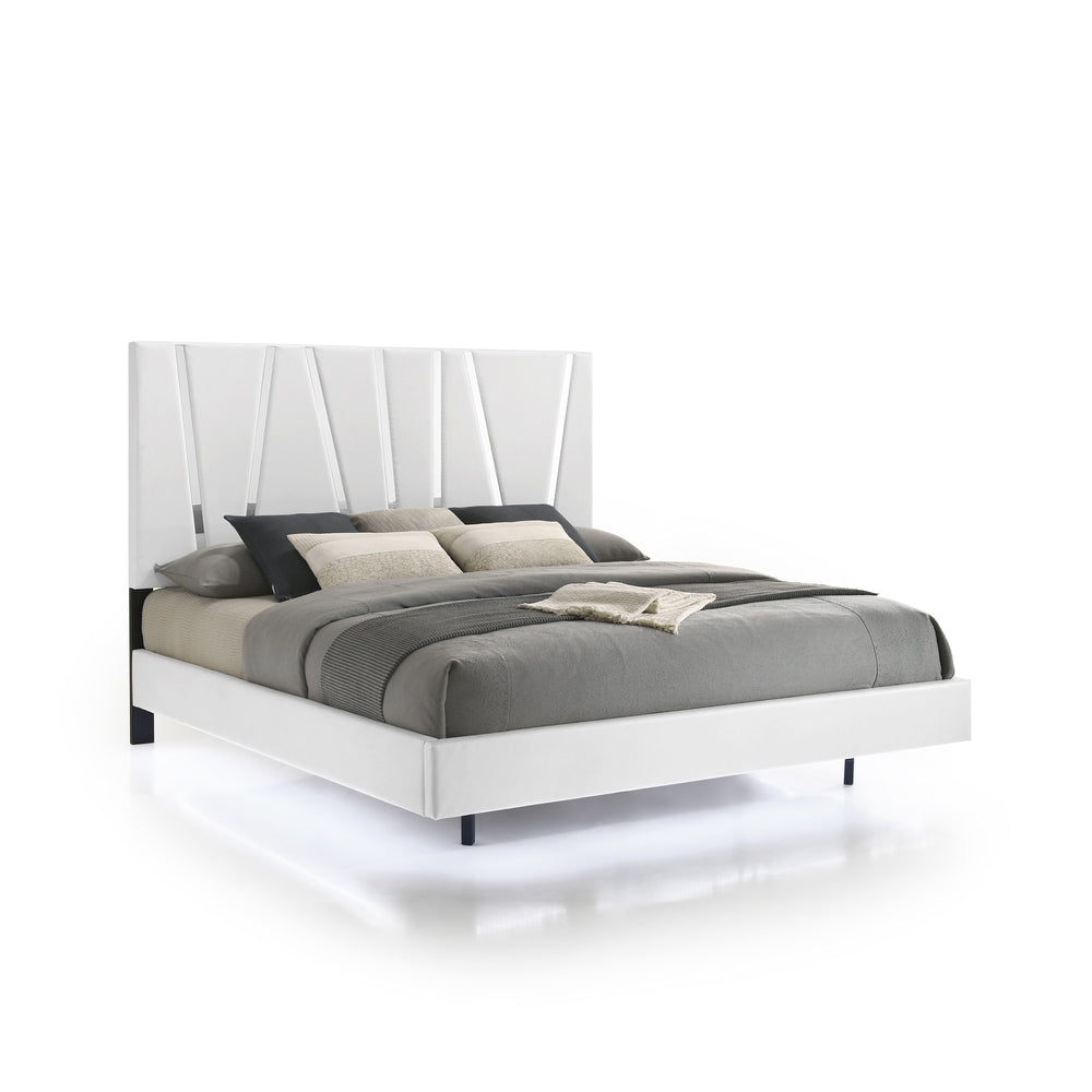 The Europa Panel Bed in white offers a perfect blend of modern elegance and quality craftsmanship. This set includes a panel headboard, footboard, two side rails, and four mattress support slats. Its sleek design is achieved with a majestic headboard, glo
