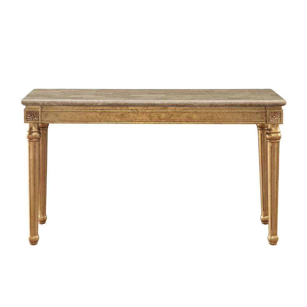 KD, Rectangular Leg Sofa Table â€¢ No Storage (Open Base) â€¢ Marble Top: Spain Import Marble with MDF â€¢ Wooden Apron with Corner Carved Floral Motifs: Antique Gold Finish, Poplar Wood â€¢ Wooden Turned Legs with Fluted Details: Antique Gold Finish, Pop