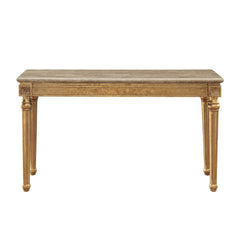 KD, Rectangular Leg Sofa Table â€¢ No Storage (Open Base) â€¢ Marble Top: Spain Import Marble with MDF â€¢ Wooden Apron with Corner Carved Floral Motifs: Antique Gold Finish, Poplar Wood â€¢ Wooden Turned Legs with Fluted Details: Antique Gold Finish, Pop