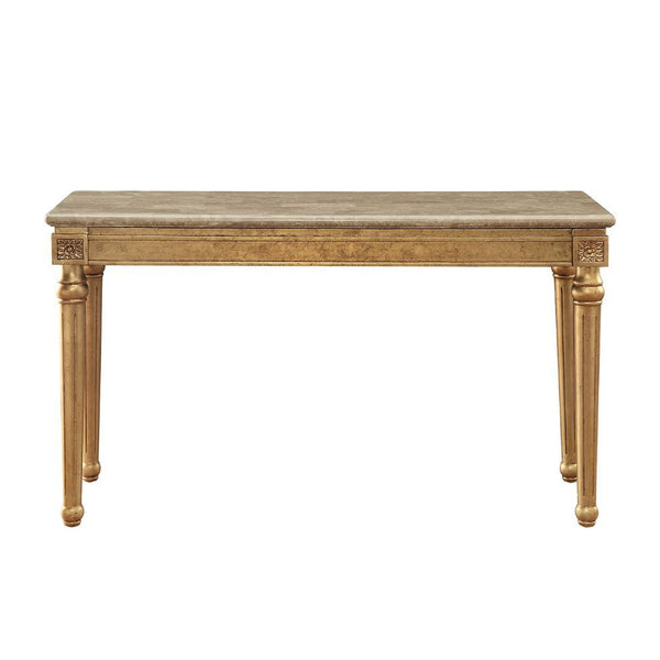 KD, Rectangular Leg Sofa Table â€¢ No Storage (Open Base) â€¢ Marble Top: Spain Import Marble with MDF â€¢ Wooden Apron with Corner Carved Floral Motifs: Antique Gold Finish, Poplar Wood â€¢ Wooden Turned Legs with Fluted Details: Antique Gold Finish, Pop