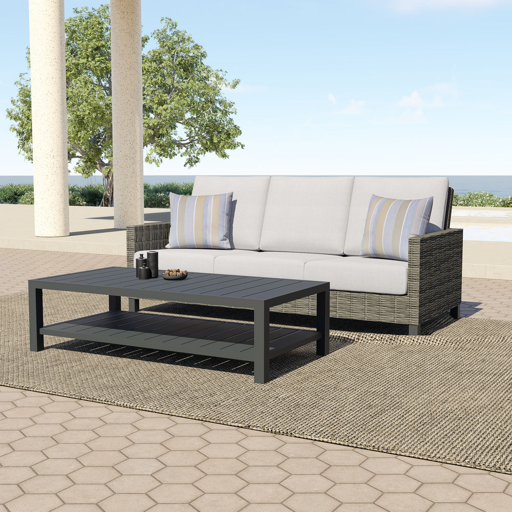 The Bungalow 2-Piece Outdoor Patio Set, featuring a sleek patio sofa and matching coffee table, offers the perfect blend of durability, comfort, and modern style for any outdoor space. Built with durable aluminum frames and a baked-on powder coat finish, 