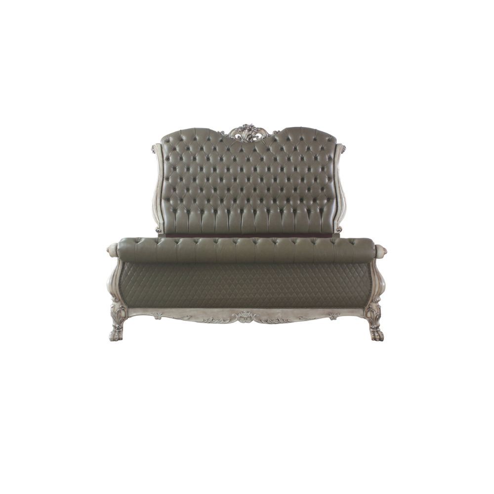 The Dresden bedroom collection is exclusively designed and filled with a romantic spirit. A piece carefully crafted and inspired by the luxurious designs of the past. This gorgeous bed features a stunning rolled leatherette headboard and footboard with bu
