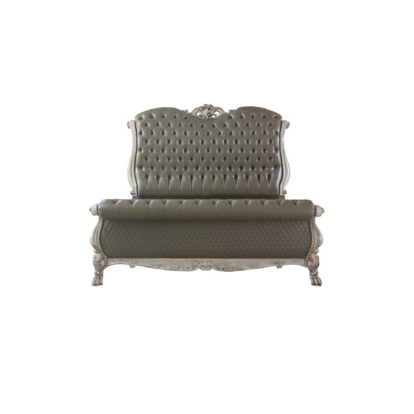 The Dresden bedroom collection is exclusively designed and filled with a romantic spirit. A piece carefully crafted and inspired by the luxurious designs of the past. This gorgeous bed features a stunning rolled leatherette headboard and footboard with bu
