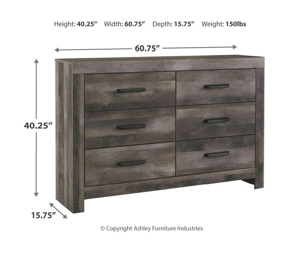 Rustic gray planked replicated oak grain with authentic touch. Large scaled dark colored hooded pull. Sticks across headboard give a thick planked look. Side roller glides for smooth operating drawers. Cases feature a framed front and pilasters. Large dra