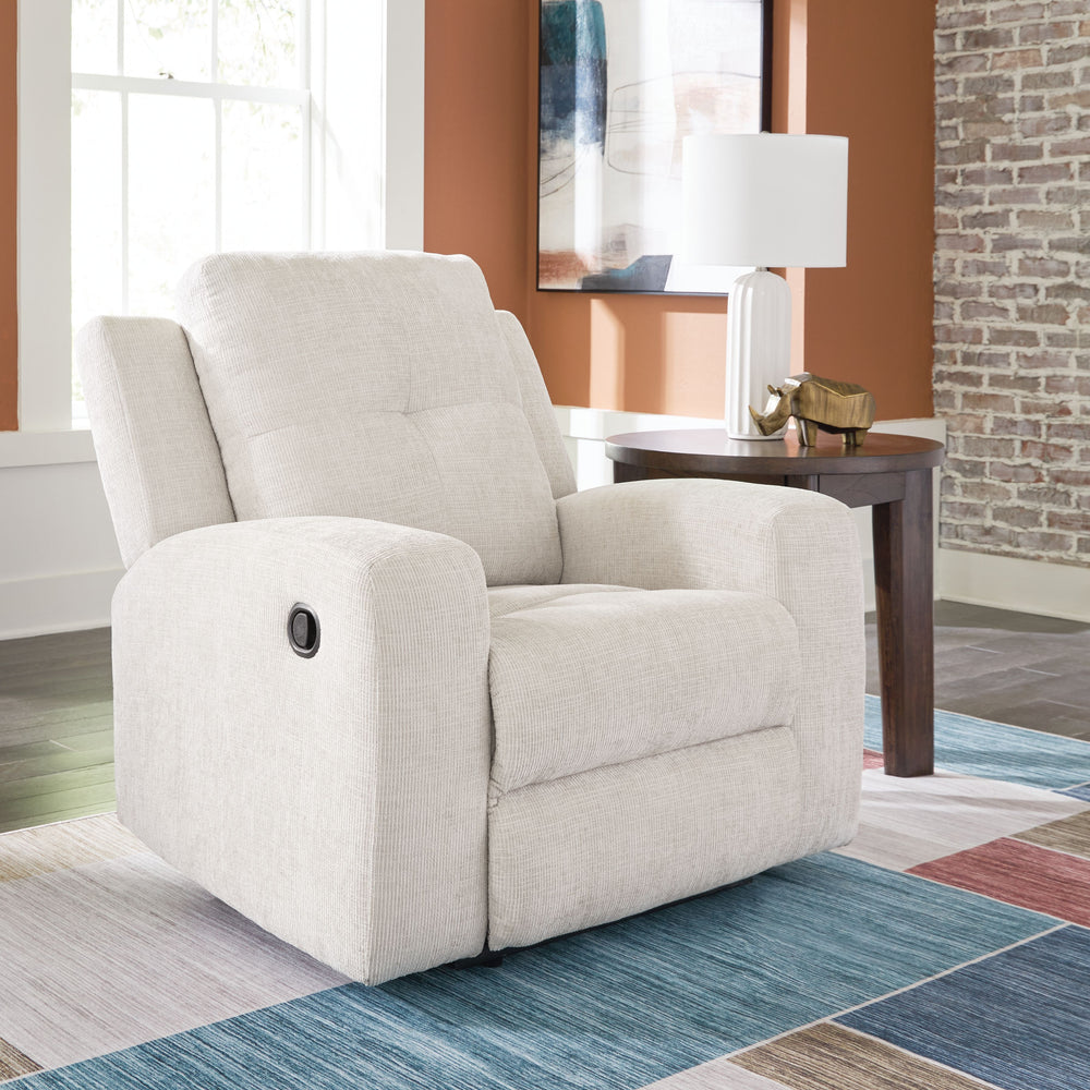 This recliner invites you to a luxuriously soft lounging experience. The chic hue fits right in with contemporary color palettes. A tufted back keeps the look right on trend. Balancing style and function, its pull tab reclining effortlessly takes you to r