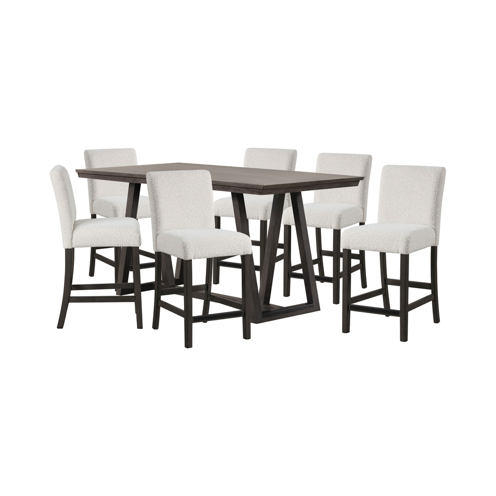 The High Line 7 Piece Counter Dining Set combines style, durability, and comfort to enhance your dining experience. This set includes a counter-height trestle table and six white upholstered counter chairs, designed to provide both functionality and aesth
