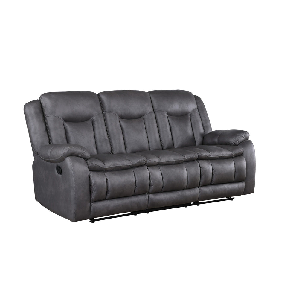 The Morello Dual Recliner Sofa in gray brings together comfort, style, and functionality for your living space. Upholstered in sumptuously soft 100% polyester fabric in a gray color, this couch mimics the luxurious look of leather without the higher price