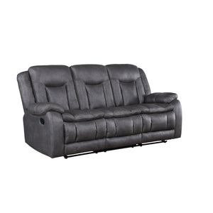 The Morello Dual Recliner Sofa in gray brings together comfort, style, and functionality for your living space. Upholstered in sumptuously soft 100% polyester fabric in a gray color, this couch mimics the luxurious look of leather without the higher price