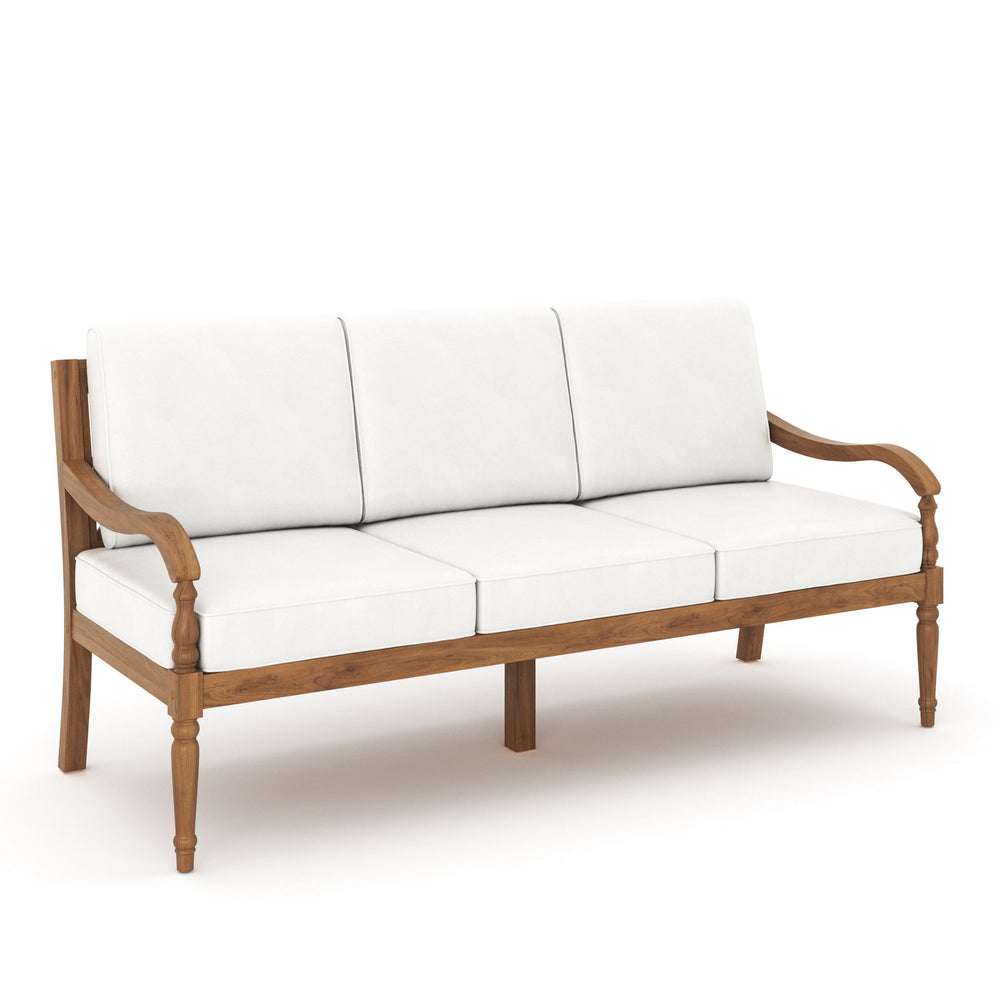 Meet the Savannah Outdoor Sofa, a testament to timeless elegance and enduring quality. Crafted with FSC Certified, Eco-Friendly Acacia Solid Wood, this sofa promises years of outdoor enjoyment. Its color fast, weather resistant Fabric, made of solution dy