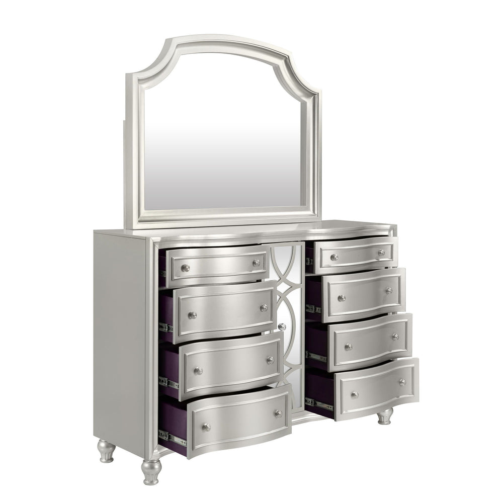 Meet the Reflection Mirror in Silver, expertly crafted from solid Pine and high-quality manufactured wood for enduring strength and durability. Its glamorous matte silver finish adds an elegant frame to the dresser mirror, enhancing any bedroom decor with