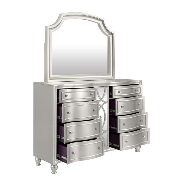  expertly crafted from solid Pine and high-quality manufactured wood for enduring strength and durability. Its glamorous matte silver finish adds an elegant frame to the dresser mirror