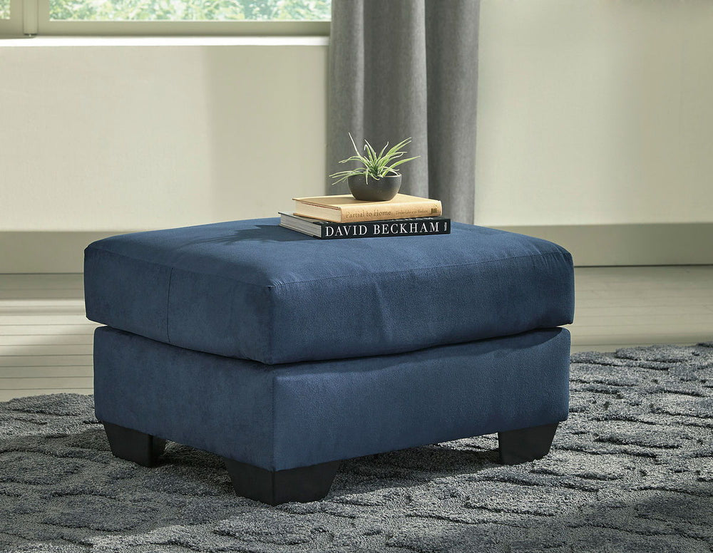For a fresh spot in your space, turn to this designer chair and ottoman. Wind down at the end of a long day when you sink into this canyon of comfort. <h4><b>Darcy - Blue - Chair</b></h4> <table width=-"100%-"><colgroup><col style=-"width: 30%