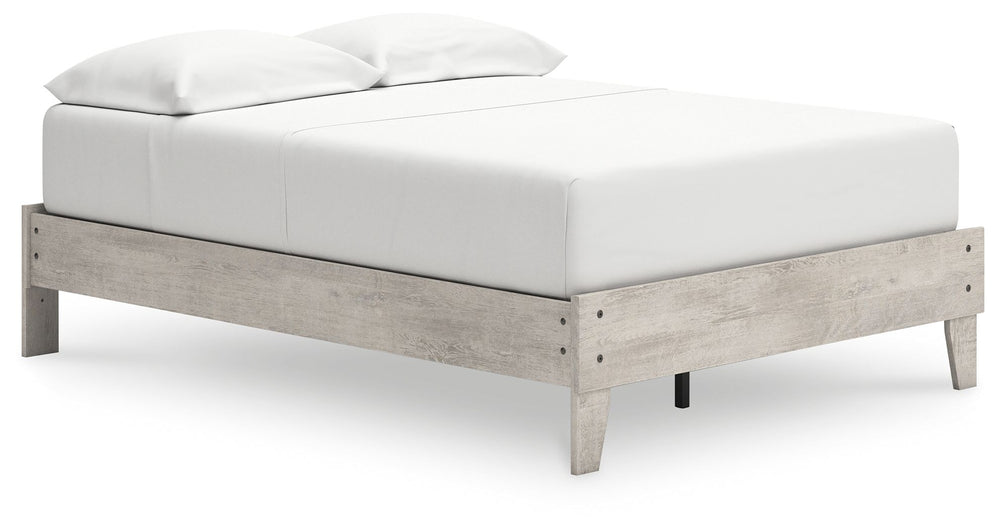 Give casual a new meaning with the chic look of this full platform bed. A light gray finish over replicated oak grain keeps it laid-back and inviting, as does its minimalist aesthetic. Talk about a delightfully relaxed vibe in your inner sanctum.<br/><br/