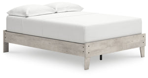Give casual a new meaning with the chic look of this full platform bed. A light gray finish over replicated oak grain keeps it laid-back and inviting, as does its minimalist aesthetic. Talk about a delightfully relaxed vibe in your inner sanctum.<br/><br/