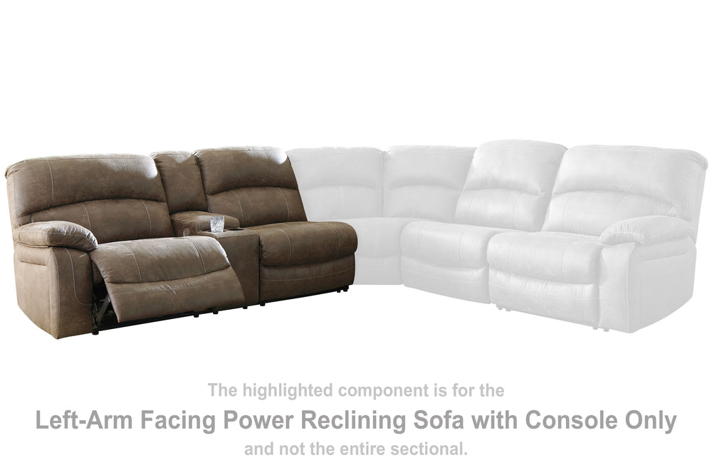 This left-arm facing power reclining sofa with console is made with faux leather. Pairs with other items in the series to make a sectional.<br><br><b>Additional Dimensions</b><br><ul><li>Arm height: 26-"</li><li>Distance between recliner and wall: 3-"</li