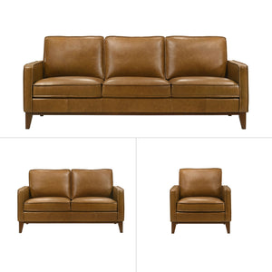The Caspar Top Grain Leather 3-Piece Set offers a beautifully crafted ensemble featuring a sofa, loveseat, and chair, all upholstered in rich caramel brown 100% top-grain leather. Renowned for its durability and breathability, the leather exudes timeless 