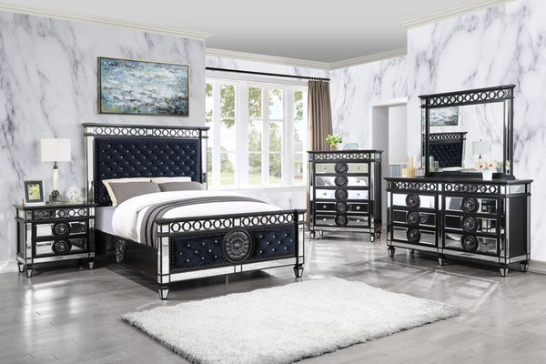 Varian II - Queen Bed - Black Velvet & Black & Sliver Finish