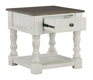  this square end table blends distinctive details such as turned post accents and raised drawer fronts for a substantial l