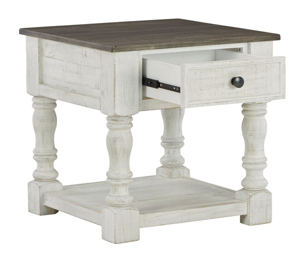  this square end table blends distinctive details such as turned post accents and raised drawer fronts for a substantial l
