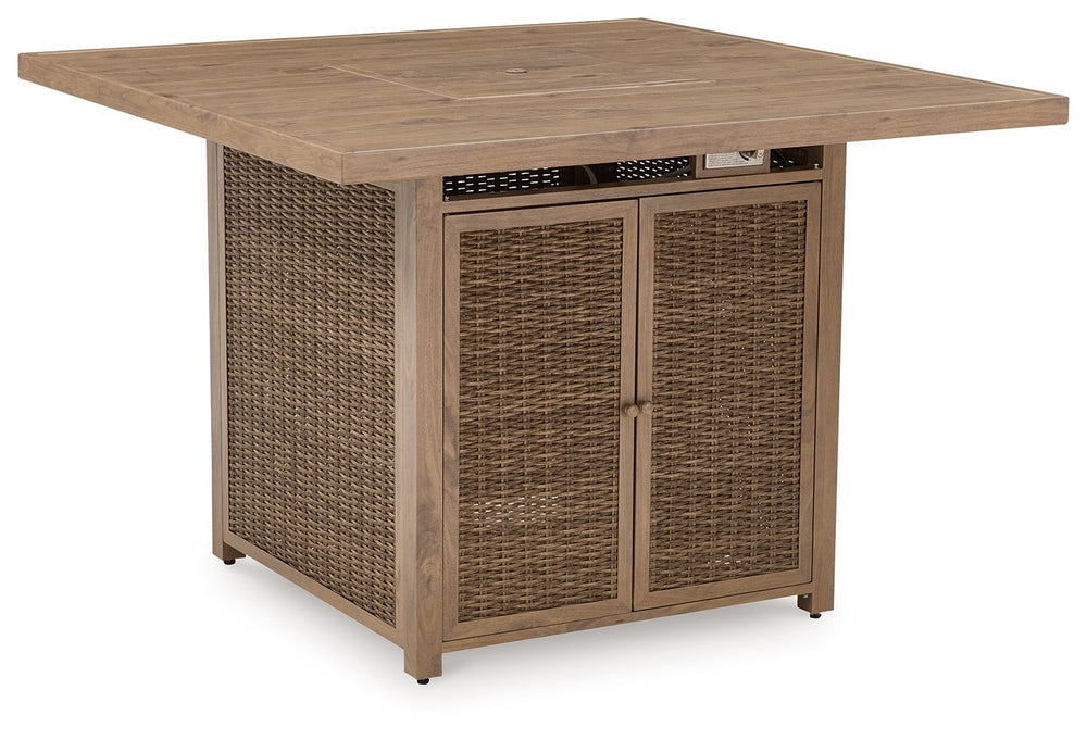 A perfect balance of design and utility, this bar table with fire pit turns any outdoor living space into your own piece of paradise. Crafted with easy-care resin wicker over an aluminum frame with the look of wood, it-'s the epitome of California dreamin