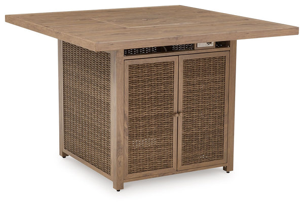 A perfect balance of design and utility, this bar table with fire pit turns any outdoor living space into your own piece of paradise. Crafted with easy-care resin wicker over an aluminum frame with the look of wood, it-'s the epitome of California dreamin