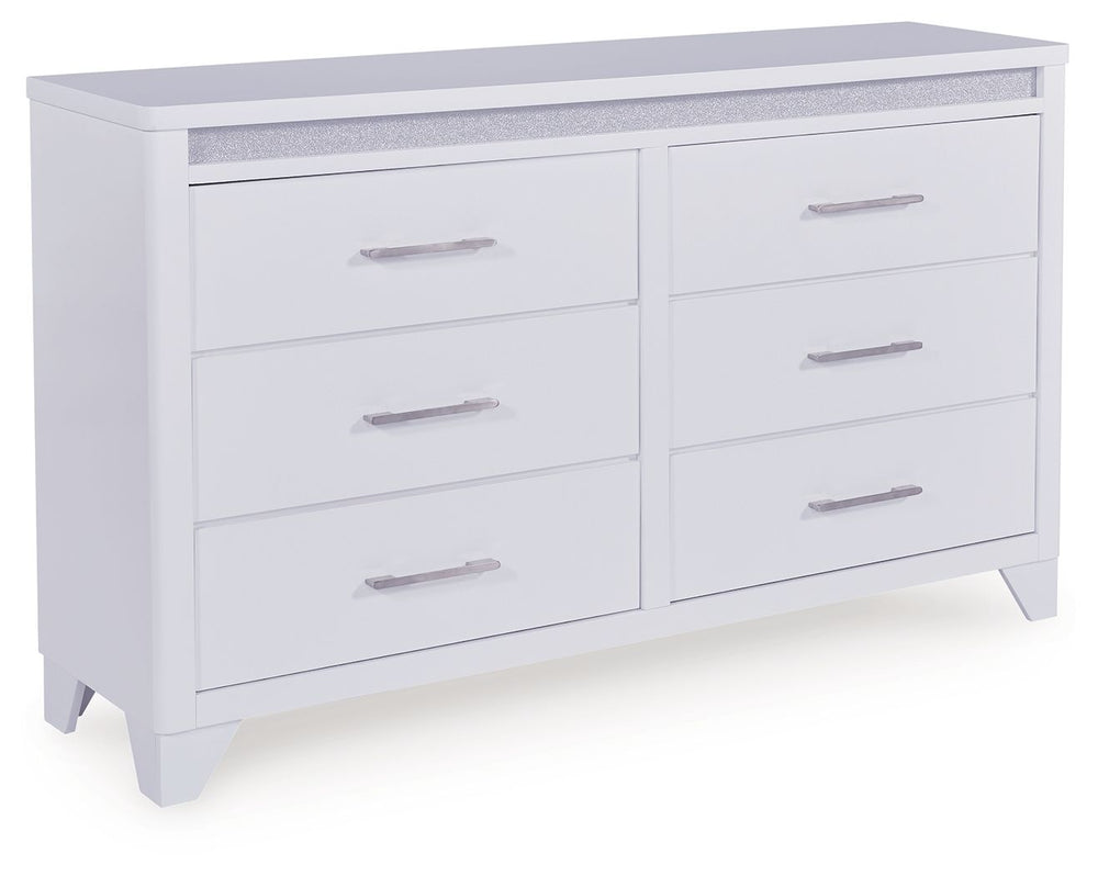 This dresser is a showstopper, bringing a touch of modern glamour to your sanctuary. A sleek white finish and inset glitter accents create a sophisticated feel, while spacious drawers provide practical storage. Itâ€™s a simply stunning way to achieve the 