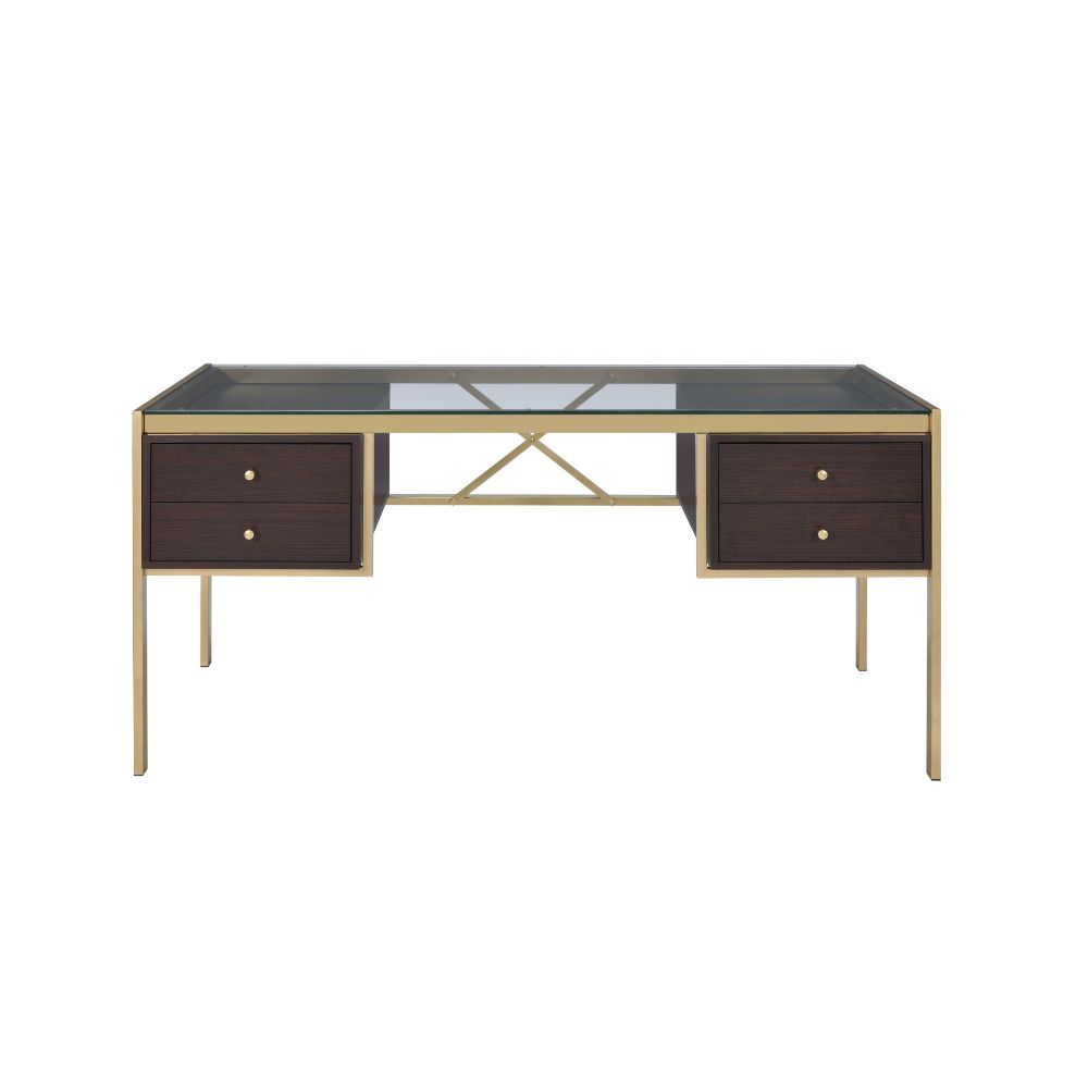 The industrial and classic design of the Yumia desk creates a spacious work area. The drawers maximize your space and your options in classic style, while keeping all your essentials neatly and safely tucked away. The gold finish and tempered glass top, a