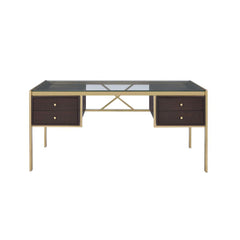 The industrial and classic design of the Yumia desk creates a spacious work area. The drawers maximize your space and your options in classic style, while keeping all your essentials neatly and safely tucked away. The gold finish and tempered glass top, a