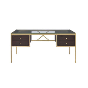 The industrial and classic design of the Yumia desk creates a spacious work area. The drawers maximize your space and your options in classic style, while keeping all your essentials neatly and safely tucked away. The gold finish and tempered glass top, a