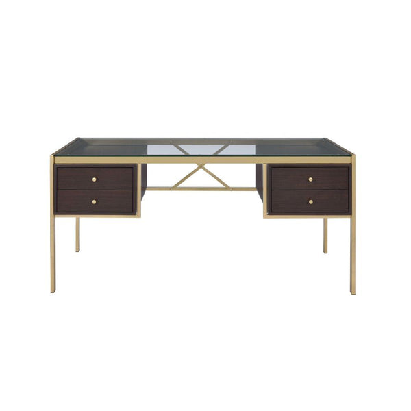 The industrial and classic design of the Yumia desk creates a spacious work area. The drawers maximize your space and your options in classic style, while keeping all your essentials neatly and safely tucked away. The gold finish and tempered glass top, a