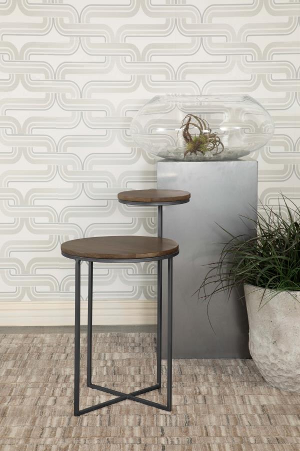  this multi-tiered accent table is the perfect solution for small spaces. Designed with two round mango wood surfaces
