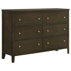This six-drawer dresser offers generous storage and sophisticated style, making it an essential addition to any modern bedroom. The dark cocoa finish highlights the clean lines and vertical details, adding depth and character to the piece. The drawers are