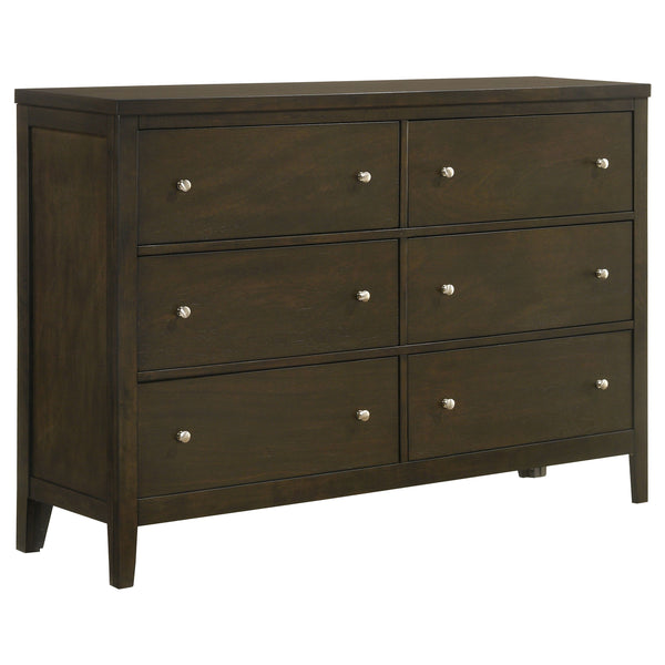 This six-drawer dresser offers generous storage and sophisticated style, making it an essential addition to any modern bedroom. The dark cocoa finish highlights the clean lines and vertical details, adding depth and character to the piece. The drawers are