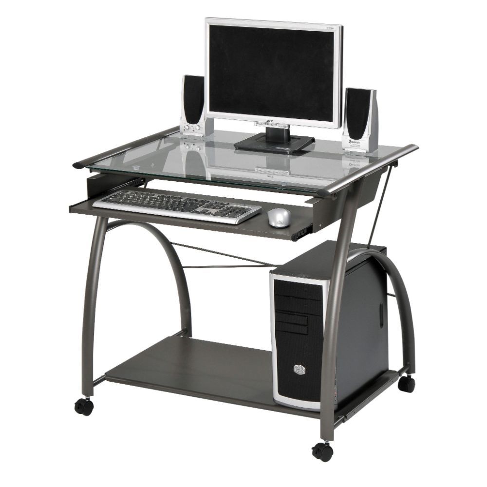 The Vincent computer desk offers an compact, sleek and contemporary design. This workstation is crafted in metal pewter finish with clear glass top. Features pull-out metal keyboard tray and bottom metal shelf.<br/><br/><b>Product Features</b><ul><li>Rect