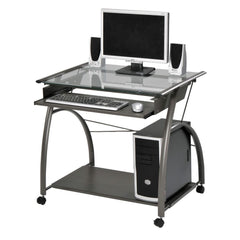 The Vincent computer desk offers an compact, sleek and contemporary design. This workstation is crafted in metal pewter finish with clear glass top. Features pull-out metal keyboard tray and bottom metal shelf.<br/><br/><b>Product Features</b><ul><li>Rect