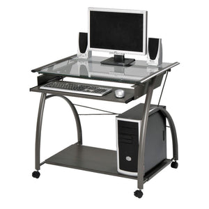 The Vincent computer desk offers an compact, sleek and contemporary design. This workstation is crafted in metal pewter finish with clear glass top. Features pull-out metal keyboard tray and bottom metal shelf.<br/><br/><b>Product Features</b><ul><li>Rect