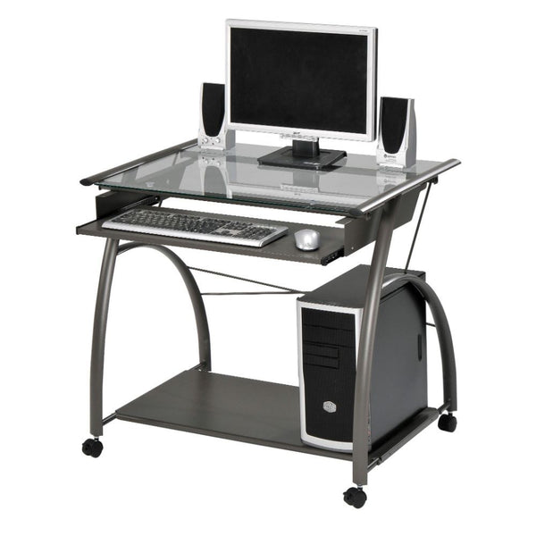 The Vincent computer desk offers an compact, sleek and contemporary design. This workstation is crafted in metal pewter finish with clear glass top. Features pull-out metal keyboard tray and bottom metal shelf.<br/><br/><b>Product Features</b><ul><li>Rect