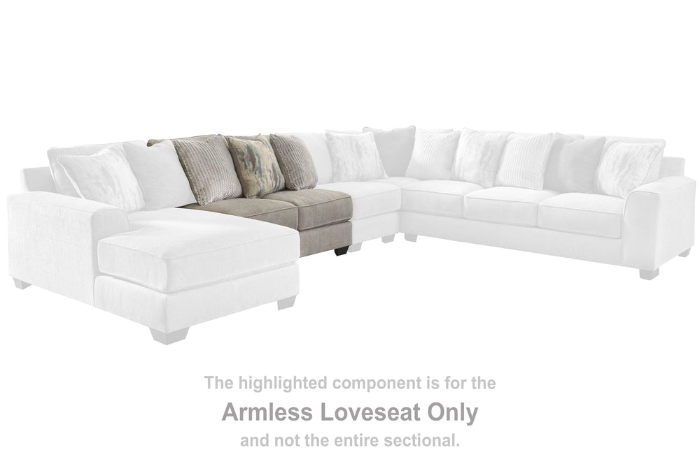 This armless loveseat is made with polyester upholstery. Pairs with other items in the series to make a sectional.<br><br><b>Additional Dimensions</b><br><ul><li>Leg height: 3-"</li><li>Minimum width of doorway for delivery: 32-"</li><li>Seat depth: 26-"<