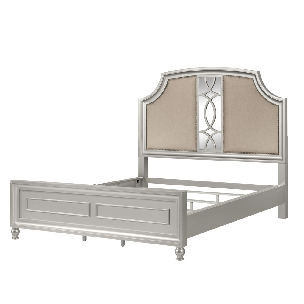 Introducing the Reflection Bed in Silver, meticulously crafted for enduring strength and durability with solid Pine and high-quality manufactured wood. Its glamorous matte silver finish exudes elegance, accentuating the mirrored panel and silver nailhead 