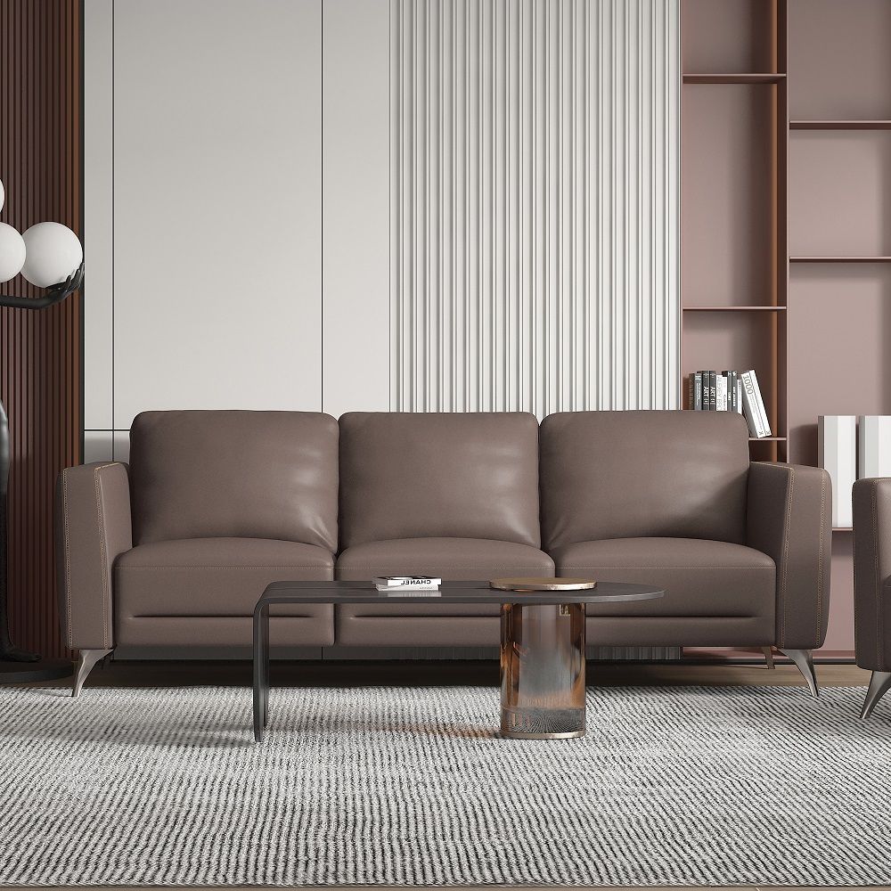 Make a chic addition to your living room, the Malaga living room collection is one youâ€™ll want to spend lots of time in. This beautiful cream or taupe leather sofa set features contrast tone stitching and unique chrome legs. Its deep, comfy seat and tra
