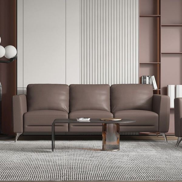 Make a chic addition to your living room, the Malaga living room collection is one youâ€™ll want to spend lots of time in. This beautiful cream or taupe leather sofa set features contrast tone stitching and unique chrome legs. Its deep, comfy seat and tra
