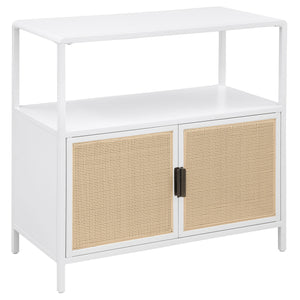 Bring a touch of coastal charm and modern design to your space with this two-door accent cabinet. Crafted with a sturdy metal frame, this cabinet offers lasting durability, while the sleek powder-coated finish resists scratches and maintains a polished lo