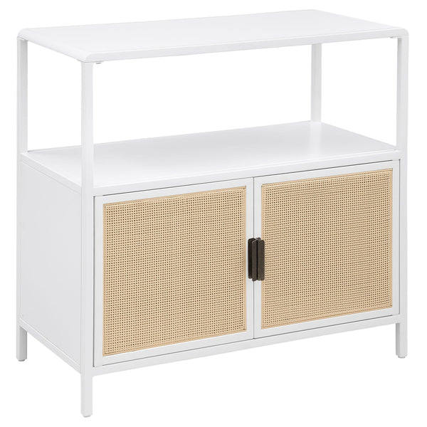 Bring a touch of coastal charm and modern design to your space with this two-door accent cabinet. Crafted with a sturdy metal frame, this cabinet offers lasting durability, while the sleek powder-coated finish resists scratches and maintains a polished lo
