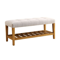 Simplistic lines pulling from the craftsman era and tapered legs to add some style, the Charla bench with button tufted full box seat can easily compliment any home styling Decor. The added width of the bottom slats serves as a function shelf. There are 4